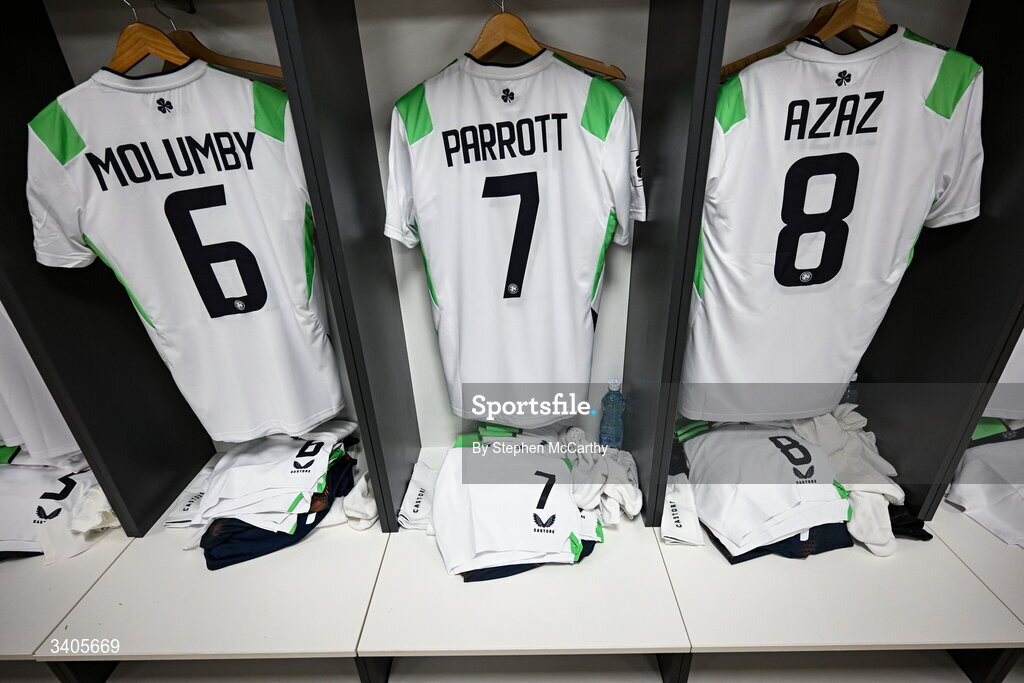 26 March 2026; The jerseys of, from left, Jayson Molumby, Troy Parrott and Finn Azaz hangs in the Republic of Ireland dressing room before the FIFA World Cup 2026 European Qualifiers play-off semi-final match between Czechia and Republic of Ireland at Fortuna Arena in Prague, Czechia. Photo by Stephen McCarthy/Sportsfile