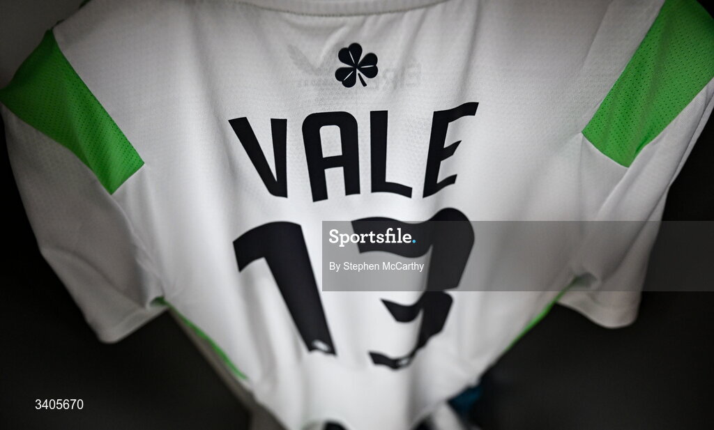 26 March 2026; The jersey of Harvey Vale hangs in the Republic of Ireland dressing room before the FIFA World Cup 2026 European Qualifiers play-off semi-final match between Czechia and Republic of Ireland at Fortuna Arena in Prague, Czechia. Photo by Stephen McCarthy/Sportsfile