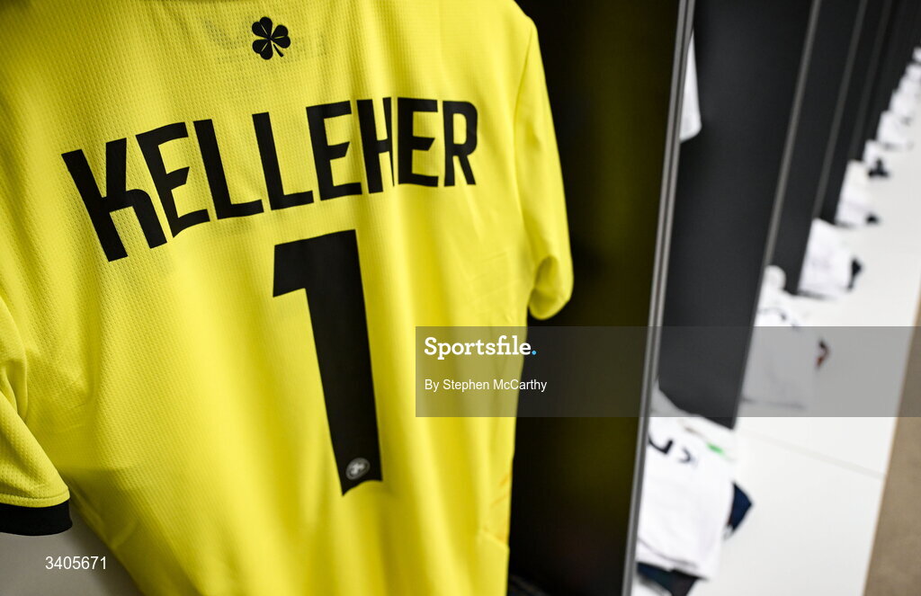 26 March 2026; The jersey of Caoimhin Kelleher hangs in the Republic of Ireland dressing room before the FIFA World Cup 2026 European Qualifiers play-off semi-final match between Czechia and Republic of Ireland at Fortuna Arena in Prague, Czechia. Photo by Stephen McCarthy/Sportsfile