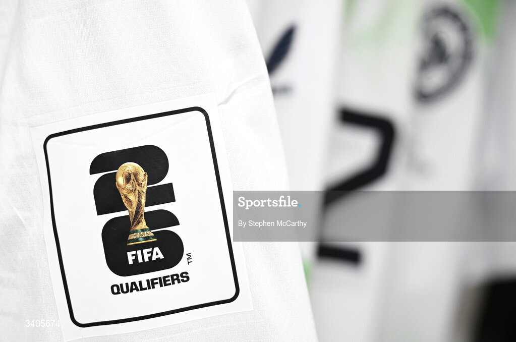 26 March 2026; A detailed view of the Republic of Ireland jersey before the FIFA World Cup 2026 European Qualifiers play-off semi-final match between Czechia and Republic of Ireland at Fortuna Arena in Prague, Czechia. Photo by Stephen McCarthy/Sportsfile