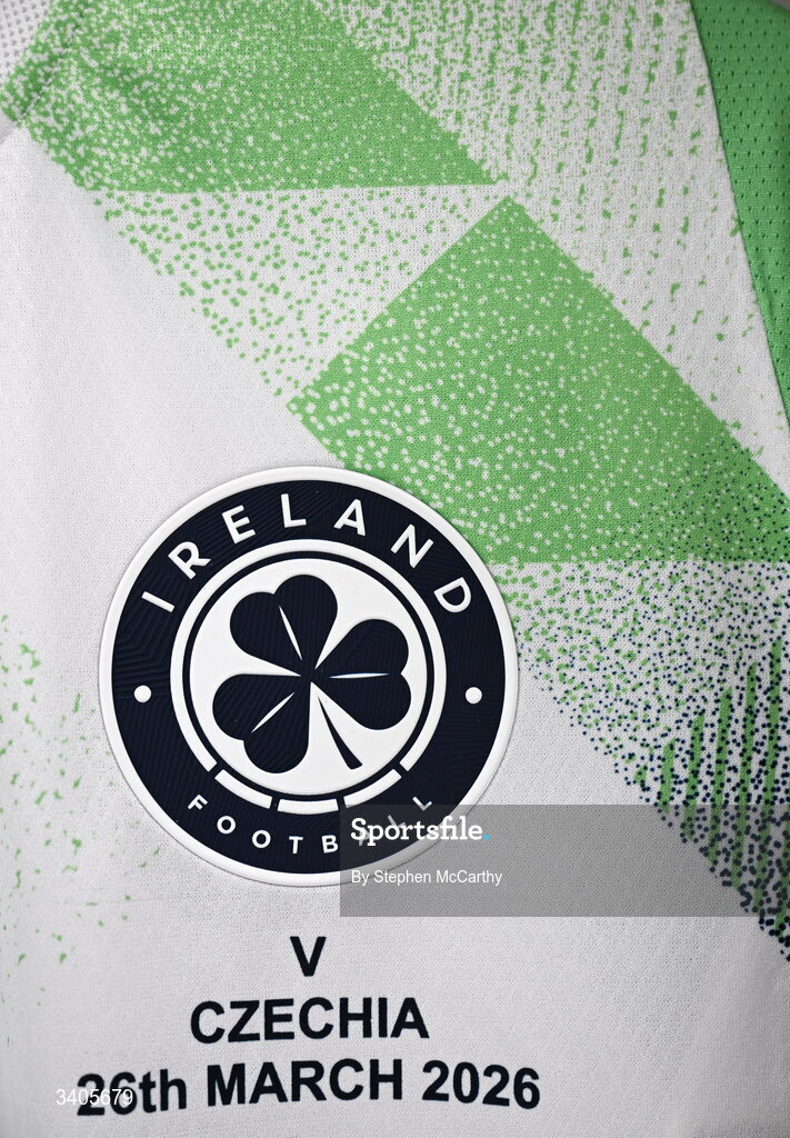 26 March 2026; A detailed view of the Republic of Ireland jersey before the FIFA World Cup 2026 European Qualifiers play-off semi-final match between Czechia and Republic of Ireland at Fortuna Arena in Prague, Czechia. Photo by Stephen McCarthy/Sportsfile