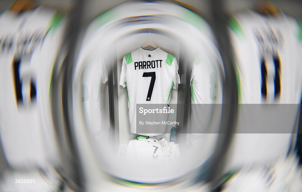 26 March 2026; (EDITOR'S NOTE; This image was created using a special effects camera filter) A detailed view of the Republic of Ireland jersey before the FIFA World Cup 2026 European Qualifiers play-off semi-final match between Czechia and Republic of Ireland at Fortuna Arena in Prague, Czechia. Photo by Stephen McCarthy/Sportsfile