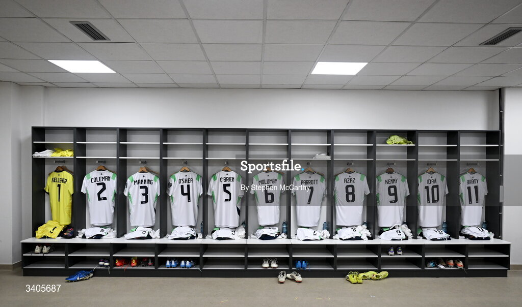 26 March 2026; A general view inside the Republic of Ireland dressing room before the FIFA World Cup 2026 European Qualifiers play-off semi-final match between Czechia and Republic of Ireland at Fortuna Arena in Prague, Czechia. Photo by Stephen McCarthy/Sportsfile