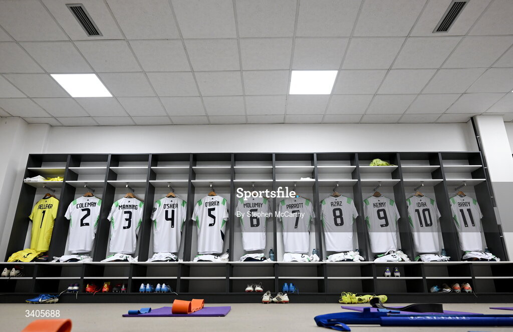 26 March 2026; A general view inside the Republic of Ireland dressing room before the FIFA World Cup 2026 European Qualifiers play-off semi-final match between Czechia and Republic of Ireland at Fortuna Arena in Prague, Czechia. Photo by Stephen McCarthy/Sportsfile