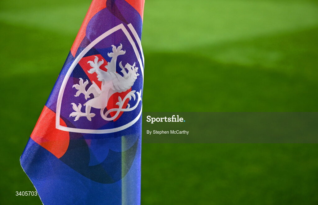 26 March 2026; A general view of a corner flag before the FIFA World Cup 2026 European Qualifiers play-off semi-final match between Czechia and Republic of Ireland at Fortuna Arena in Prague, Czechia. Photo by Stephen McCarthy/Sportsfile