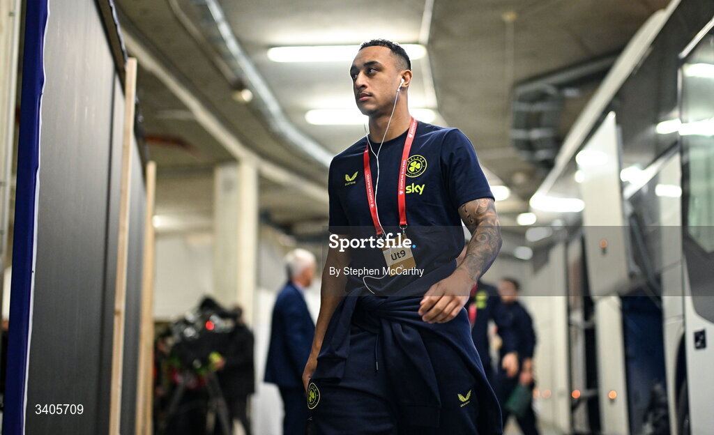 26 March 2026; Adam Idah of Republic of Ireland arrives before the FIFA World Cup 2026 European Qualifiers play-off semi-final match between Czechia and Republic of Ireland at Fortuna Arena in Prague, Czechia. Photo by Stephen McCarthy/Sportsfile