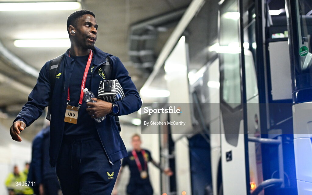 26 March 2026; Chiedozie Ogbene of Republic of Ireland arrives before the FIFA World Cup 2026 European Qualifiers play-off semi-final match between Czechia and Republic of Ireland at Fortuna Arena in Prague, Czechia. Photo by Stephen McCarthy/Sportsfile