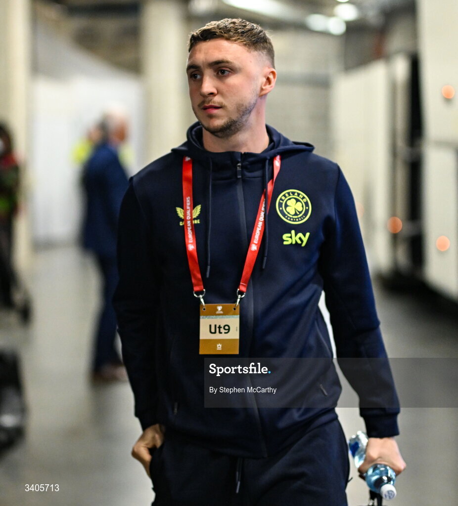 26 March 2026; Jack Taylor of Republic of Ireland arrives before the FIFA World Cup 2026 European Qualifiers play-off semi-final match between Czechia and Republic of Ireland at Fortuna Arena in Prague, Czechia. Photo by Stephen McCarthy/Sportsfile