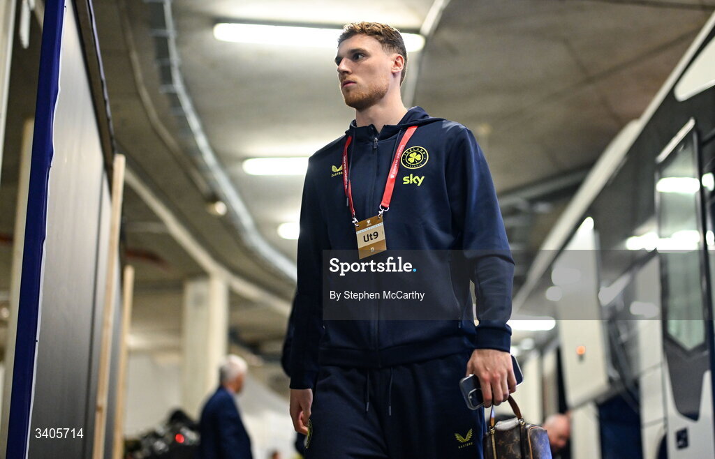 26 March 2026; Jake O'Brien of Republic of Ireland before the FIFA World Cup 2026 European Qualifiers play-off semi-final match between Czechia and Republic of Ireland at Fortuna Arena in Prague, Czechia. Photo by Stephen McCarthy/Sportsfile