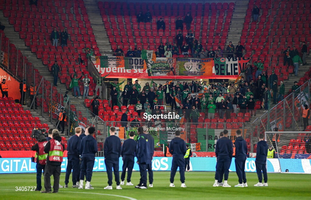 26 March 2026; Republic of Ireland supporters before the FIFA World Cup 2026 European Qualifiers play-off semi-final match between Czechia and Republic of Ireland at Fortuna Arena in Prague, Czechia. Photo by Stephen McCarthy/Sportsfile