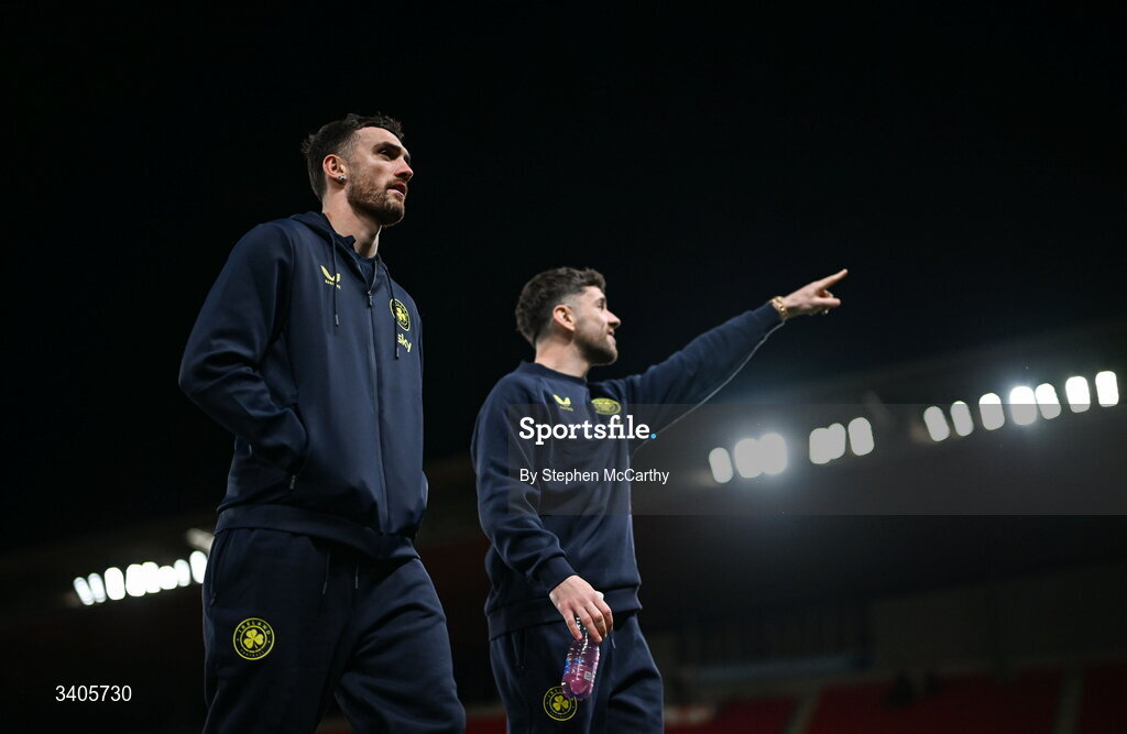 26 March 2026; Troy Parrott, left, and Robbie Brady of Republic of Ireland before the FIFA World Cup 2026 European Qualifiers play-off semi-final match between Czechia and Republic of Ireland at Fortuna Arena in Prague, Czechia. Photo by Stephen McCarthy/Sportsfile