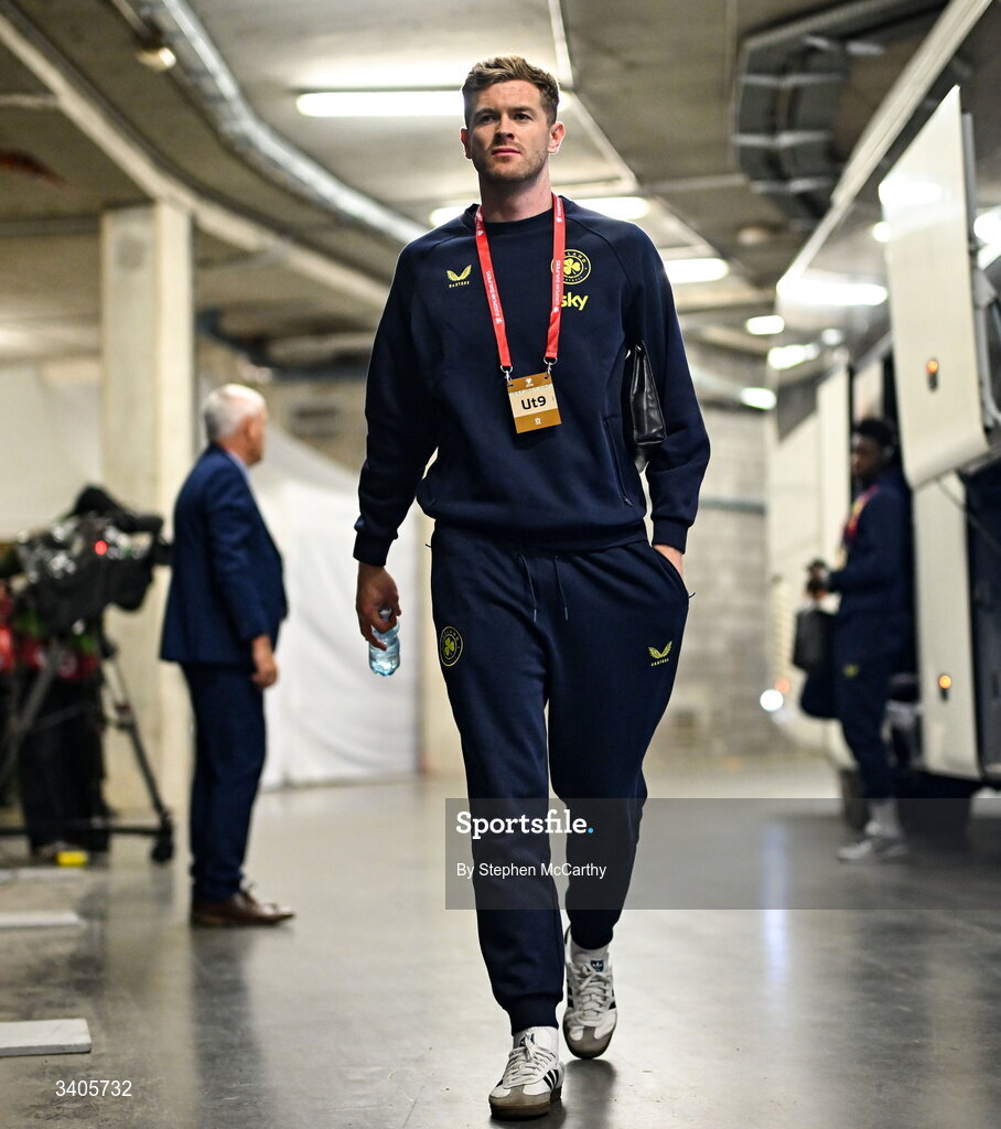26 March 2026; Nathan Collins of Republic of Ireland before the FIFA World Cup 2026 European Qualifiers play-off semi-final match between Czechia and Republic of Ireland at Fortuna Arena in Prague, Czechia. Photo by Stephen McCarthy/Sportsfile