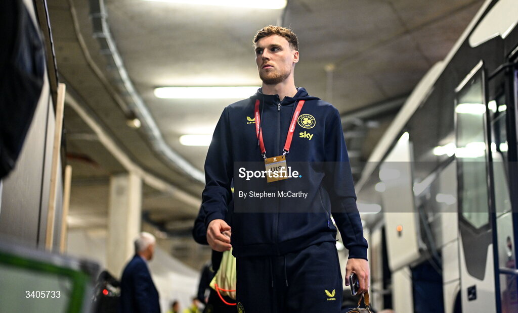26 March 2026; Jake O'Brien of Republic of Ireland before the FIFA World Cup 2026 European Qualifiers play-off semi-final match between Czechia and Republic of Ireland at Fortuna Arena in Prague, Czechia. Photo by Stephen McCarthy/Sportsfile
