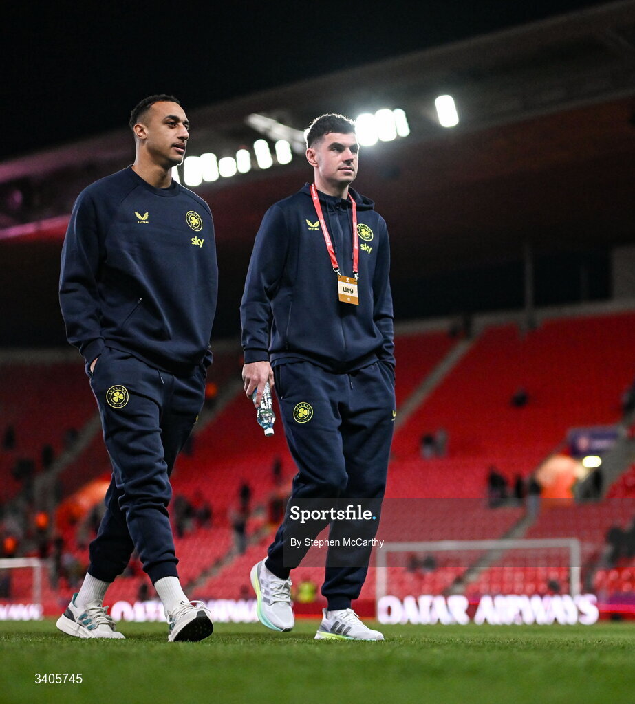 26 March 2026; Adam Idah, left, and John Egan of Republic of Ireland before the FIFA World Cup 2026 European Qualifiers play-off semi-final match between Czechia and Republic of Ireland at Fortuna Arena in Prague, Czechia. Photo by Stephen McCarthy/Sportsfile