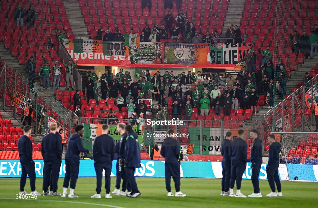 26 March 2026; Republic of Ireland supporters before the FIFA World Cup 2026 European Qualifiers play-off semi-final match between Czechia and Republic of Ireland at Fortuna Arena in Prague, Czechia. Photo by Stephen McCarthy/Sportsfile