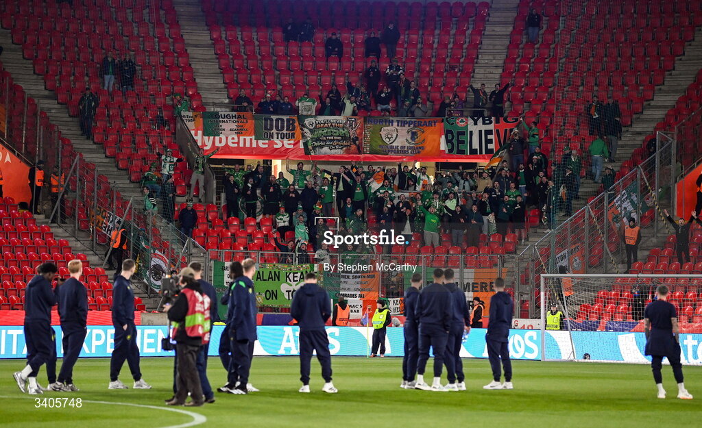 26 March 2026; Republic of Ireland supporters before the FIFA World Cup 2026 European Qualifiers play-off semi-final match between Czechia and Republic of Ireland at Fortuna Arena in Prague, Czechia. Photo by Stephen McCarthy/Sportsfile