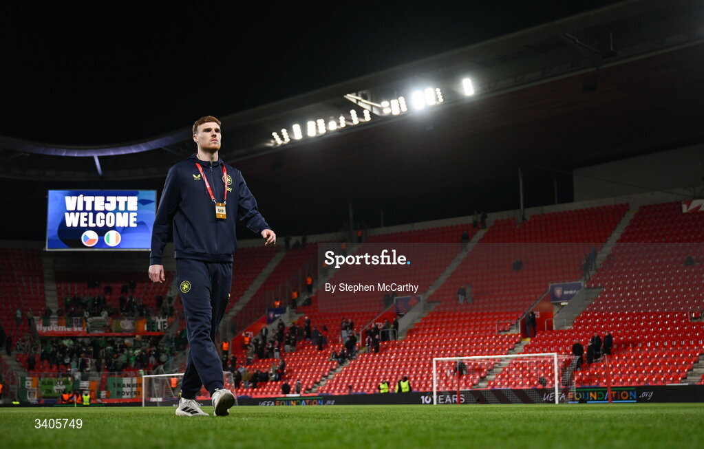 26 March 2026; Jake O'Brien of Republic of Ireland before the FIFA World Cup 2026 European Qualifiers play-off semi-final match between Czechia and Republic of Ireland at Fortuna Arena in Prague, Czechia. Photo by Stephen McCarthy/Sportsfile