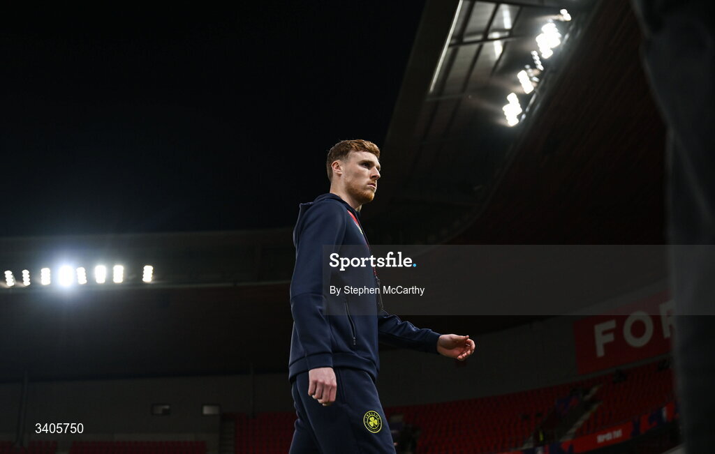 26 March 2026; Jake O'Brien of Republic of Ireland before the FIFA World Cup 2026 European Qualifiers play-off semi-final match between Czechia and Republic of Ireland at Fortuna Arena in Prague, Czechia. Photo by Stephen McCarthy/Sportsfile