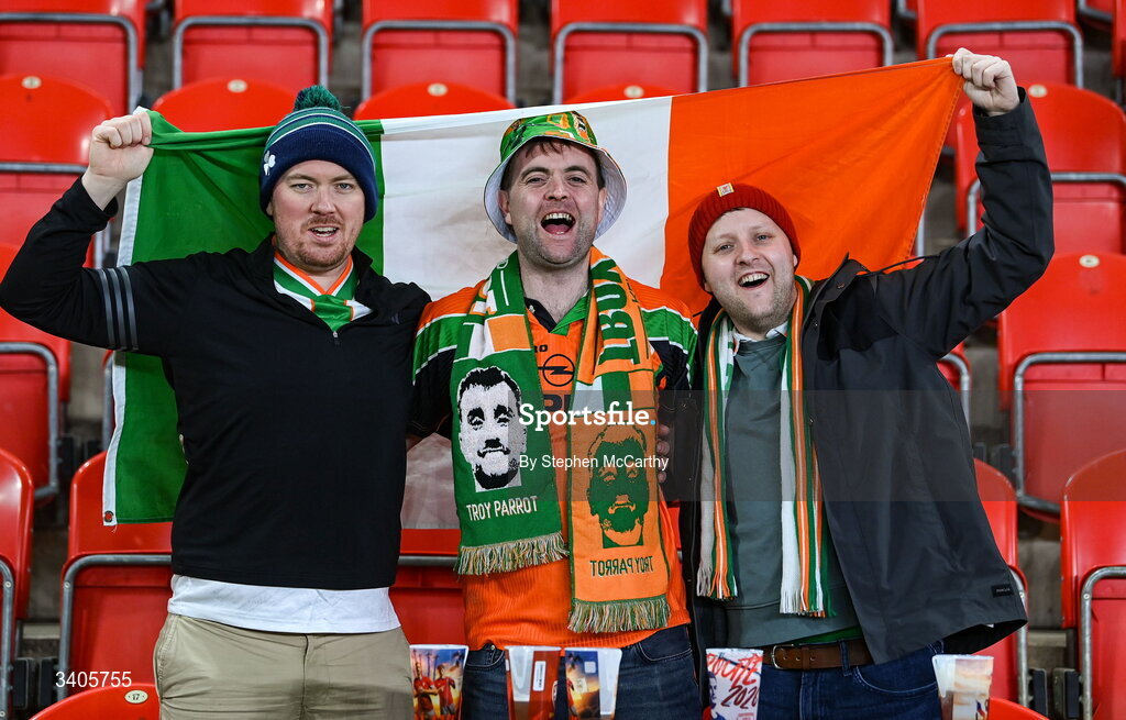 26 March 2026; Republic of Ireland supporters before the FIFA World Cup 2026 European Qualifiers play-off semi-final match between Czechia and Republic of Ireland at Fortuna Arena in Prague, Czechia. Photo by Stephen McCarthy/Sportsfile
