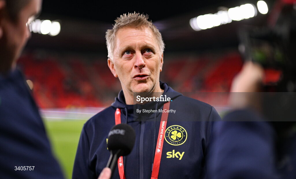26 March 2026; Republic of Ireland head coach Heimir Hallgrimsson is interviewed before the FIFA World Cup 2026 European Qualifiers play-off semi-final match between Czechia and Republic of Ireland at Fortuna Arena in Prague, Czechia. Photo by Stephen McCarthy/Sportsfile