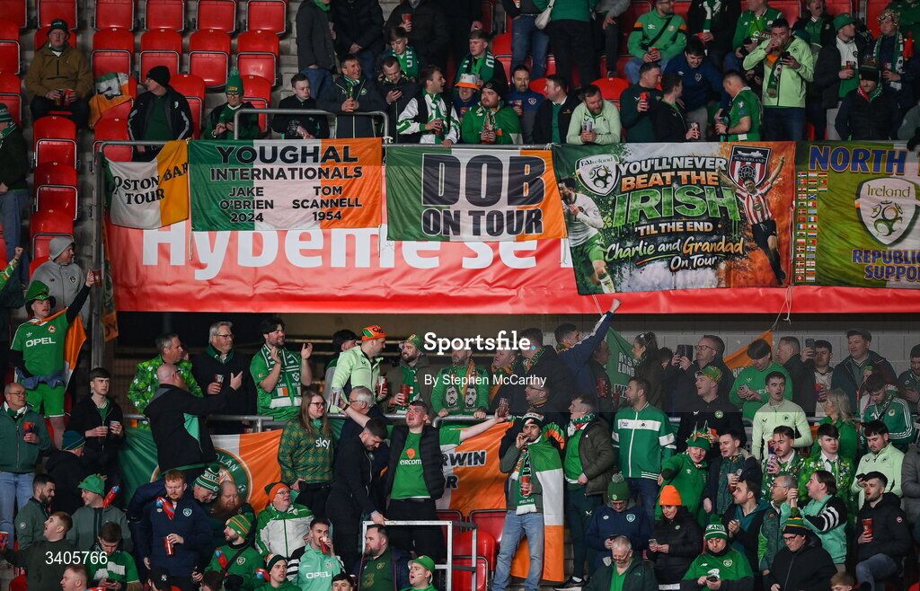 26 March 2026; Republic of Ireland supporters before the FIFA World Cup 2026 European Qualifiers play-off semi-final match between Czechia and Republic of Ireland at Fortuna Arena in Prague, Czechia. Photo by Stephen McCarthy/Sportsfile