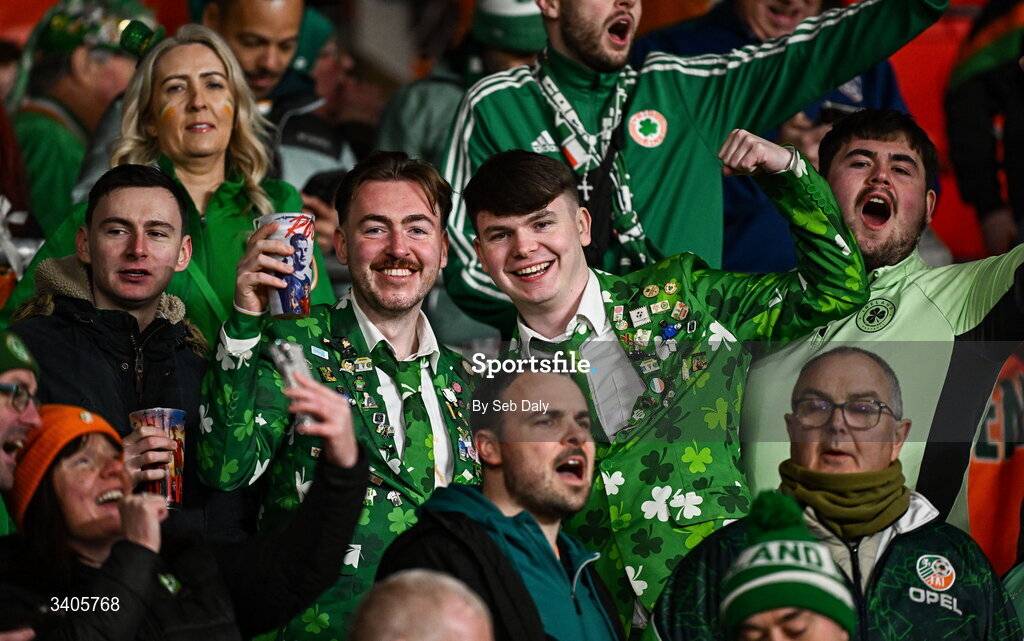 26 March 2026; Republic of Ireland supporters before the FIFA World Cup 2026 European Qualifiers play-off semi-final match between Czechia and Republic of Ireland at Fortuna Arena in Prague, Czechia. Photo by Seb Daly/Sportsfile