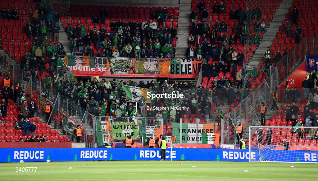 26 March 2026; Republic of Ireland supporters before the FIFA World Cup 2026 European Qualifiers play-off semi-final match between Czechia and Republic of Ireland at Fortuna Arena in Prague, Czechia. Photo by Stephen McCarthy/Sportsfile