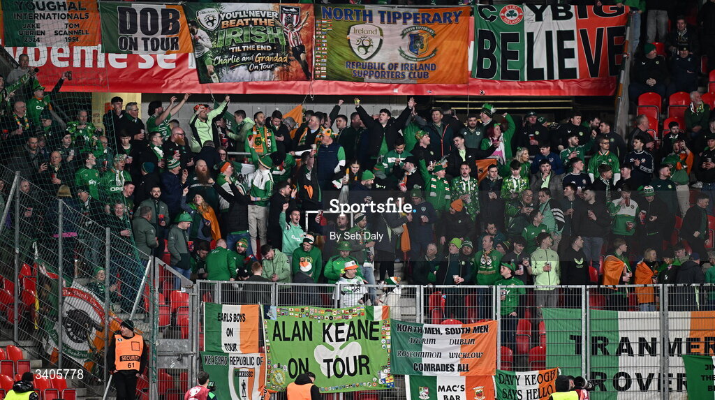 26 March 2026; Republic of Ireland supporters before the FIFA World Cup 2026 European Qualifiers play-off semi-final match between Czechia and Republic of Ireland at Fortuna Arena in Prague, Czechia. Photo by Seb Daly/Sportsfile