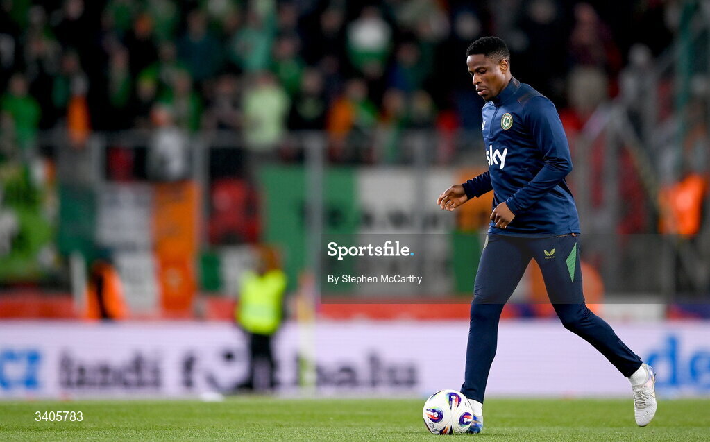 26 March 2026; Chiedozie Ogbene of Republic of Ireland before the FIFA World Cup 2026 European Qualifiers play-off semi-final match between Czechia and Republic of Ireland at Fortuna Arena in Prague, Czechia. Photo by Stephen McCarthy/Sportsfile