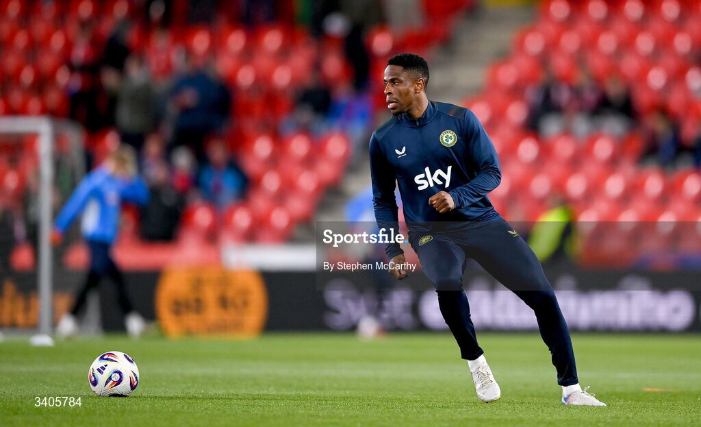 26 March 2026; Chiedozie Ogbene of Republic of Ireland before the FIFA World Cup 2026 European Qualifiers play-off semi-final match between Czechia and Republic of Ireland at Fortuna Arena in Prague, Czechia. Photo by Stephen McCarthy/Sportsfile