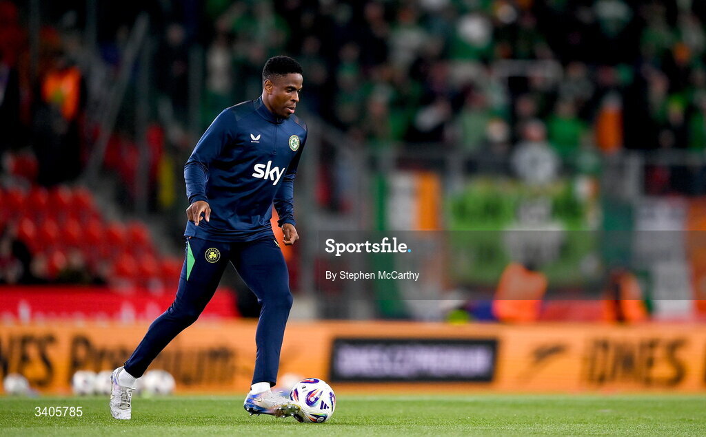 26 March 2026; Chiedozie Ogbene of Republic of Ireland before the FIFA World Cup 2026 European Qualifiers play-off semi-final match between Czechia and Republic of Ireland at Fortuna Arena in Prague, Czechia. Photo by Stephen McCarthy/Sportsfile