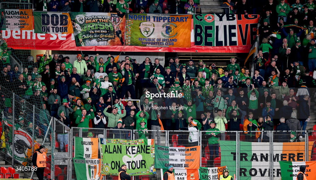 26 March 2026; Republic of Ireland supporters before the FIFA World Cup 2026 European Qualifiers play-off semi-final match between Czechia and Republic of Ireland at Fortuna Arena in Prague, Czechia. Photo by Stephen McCarthy/Sportsfile