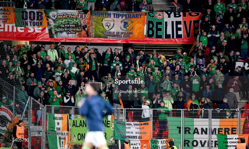 26 March 2026; Republic of Ireland supporters before the FIFA World Cup 2026 European Qualifiers play-off semi-final match between Czechia and Republic of Ireland at Fortuna Arena in Prague, Czechia. Photo by Stephen McCarthy/Sportsfile