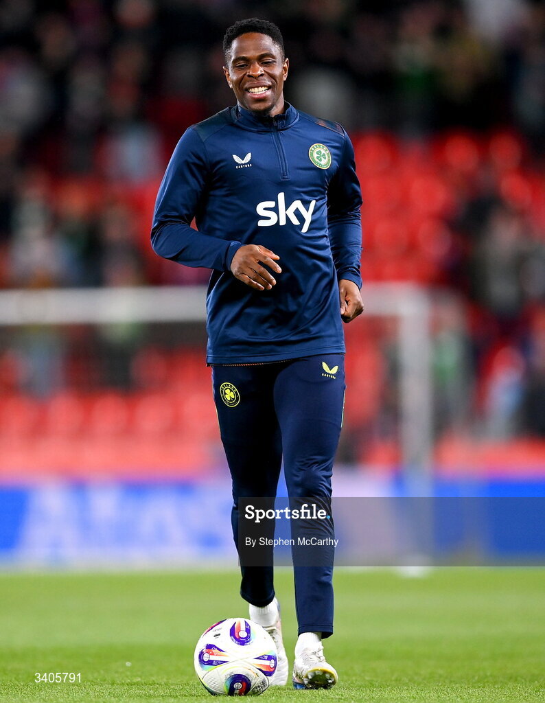 26 March 2026; Chiedozie Ogbene of Republic of Ireland before the FIFA World Cup 2026 European Qualifiers play-off semi-final match between Czechia and Republic of Ireland at Fortuna Arena in Prague, Czechia. Photo by Stephen McCarthy/Sportsfile