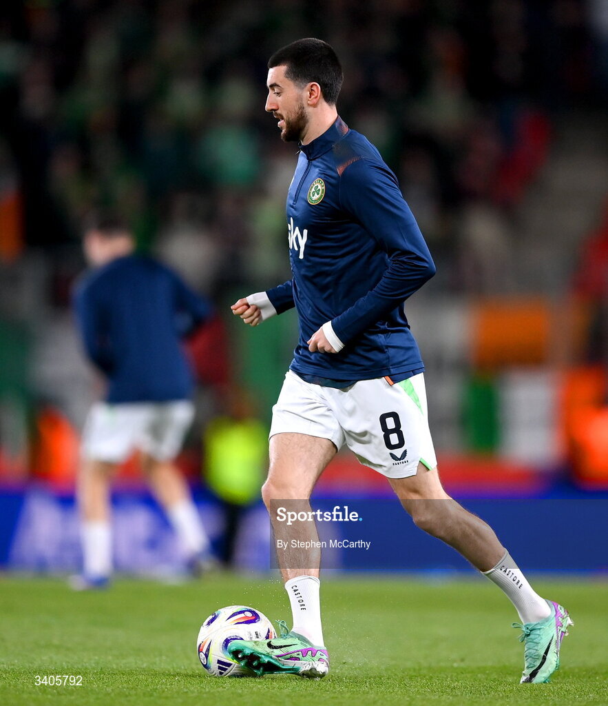 26 March 2026; Finn Azaz of Republic of Ireland before the FIFA World Cup 2026 European Qualifiers play-off semi-final match between Czechia and Republic of Ireland at Fortuna Arena in Prague, Czechia. Photo by Stephen McCarthy/Sportsfile