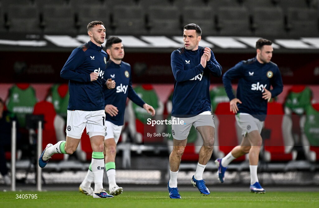 26 March 2026; Seamus Coleman of Republic of Ireland, centre, and team-mates before the FIFA World Cup 2026 European Qualifiers play-off semi-final match between Czechia and Republic of Ireland at Fortuna Arena in Prague, Czechia. Photo by Seb Daly/Sportsfile