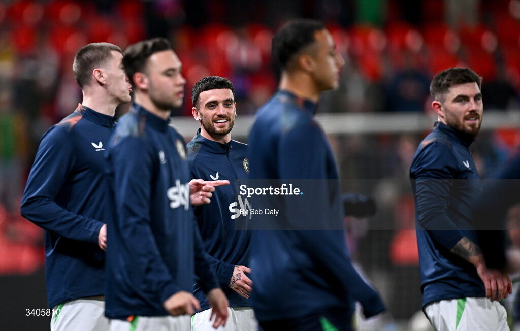 26 March 2026; Troy Parrott of Republic of Ireland, centre, before the FIFA World Cup 2026 European Qualifiers play-off semi-final match between Czechia and Republic of Ireland at Fortuna Arena in Prague, Czechia. Photo by Seb Daly/Sportsfile