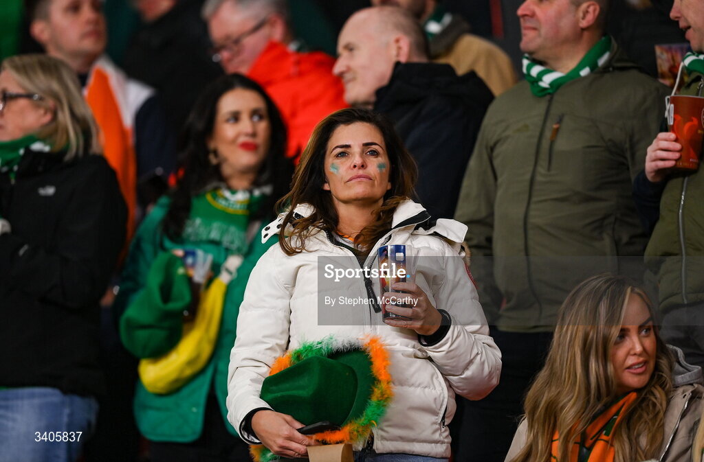 26 March 2026; Republic of Ireland supporter Jennifer Parrott, mother of of player Troy Parrott , before the FIFA World Cup 2026 European Qualifiers play-off semi-final match between Czechia and Republic of Ireland at Fortuna Arena in Prague, Czechia. Photo by Stephen McCarthy/Sportsfile