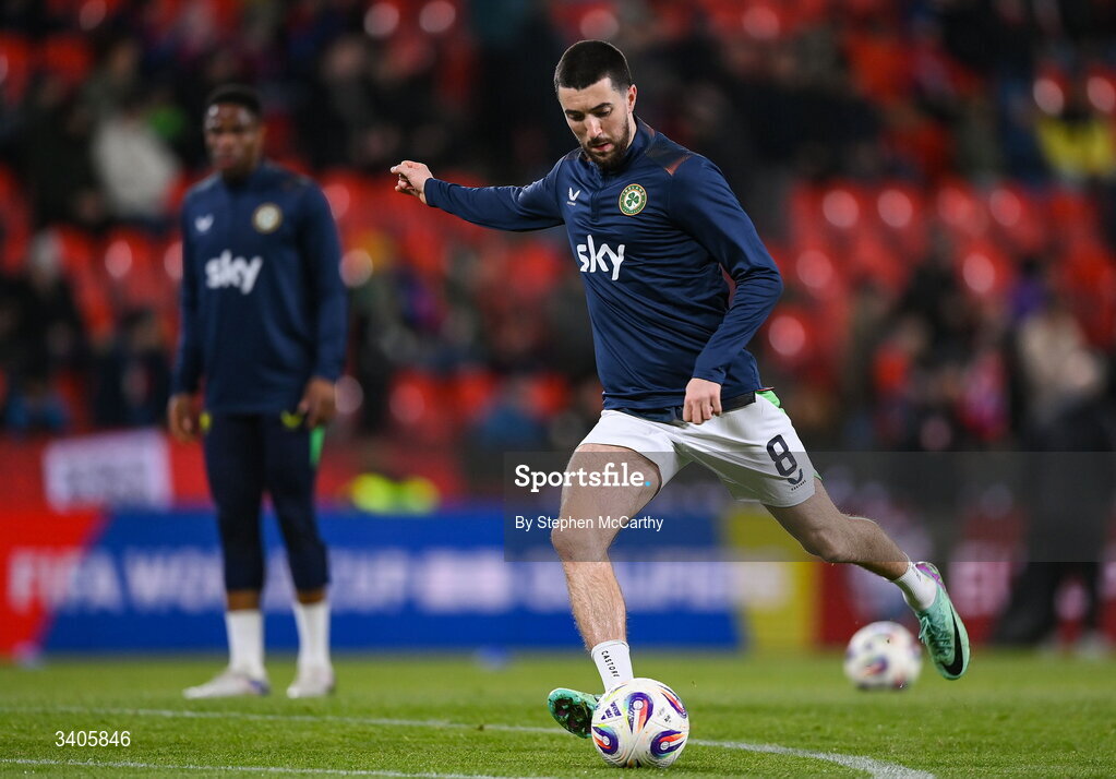 26 March 2026; Finn Azaz of Republic of Ireland during the FIFA World Cup 2026 European Qualifiers play-off semi-final match between Czechia and Republic of Ireland at Fortuna Arena in Prague, Czechia. Photo by Stephen McCarthy/Sportsfile