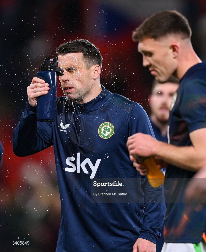 26 March 2026; Seamus Coleman of Republic of Ireland before the FIFA World Cup 2026 European Qualifiers play-off semi-final match between Czechia and Republic of Ireland at Fortuna Arena in Prague, Czechia. Photo by Stephen McCarthy/Sportsfile