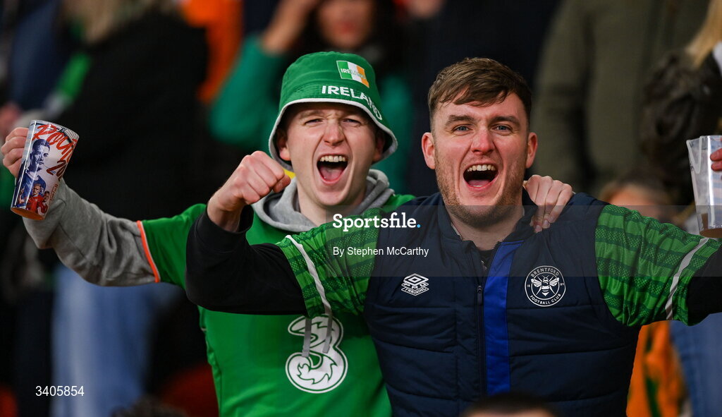 26 March 2026; Republic of Ireland supporters before the FIFA World Cup 2026 European Qualifiers play-off semi-final match between Czechia and Republic of Ireland at Fortuna Arena in Prague, Czechia. Photo by Stephen McCarthy/Sportsfile