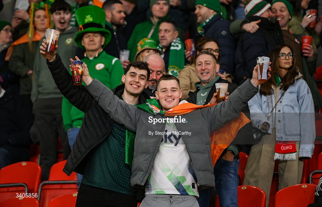 26 March 2026; Republic of Ireland supporters before the FIFA World Cup 2026 European Qualifiers play-off semi-final match between Czechia and Republic of Ireland at Fortuna Arena in Prague, Czechia. Photo by Stephen McCarthy/Sportsfile