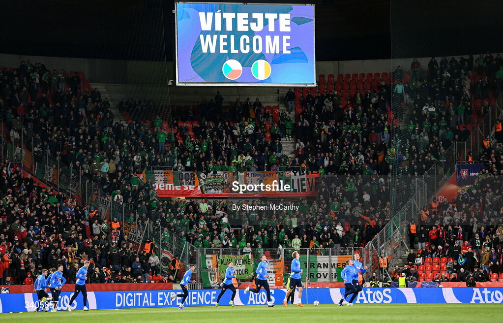 26 March 2026; Republic of Ireland supporters before the FIFA World Cup 2026 European Qualifiers play-off semi-final match between Czechia and Republic of Ireland at Fortuna Arena in Prague, Czechia. Photo by Stephen McCarthy/Sportsfile