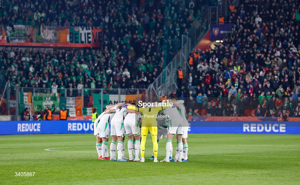 26 March 2026; Republic of Ireland players huddle before the FIFA World Cup 2026 European Qualifiers play-off semi-final match between Czechia and Republic of Ireland at Fortuna Arena in Prague, Czechia. Photo by Pavel Lebeda/Sportsfile