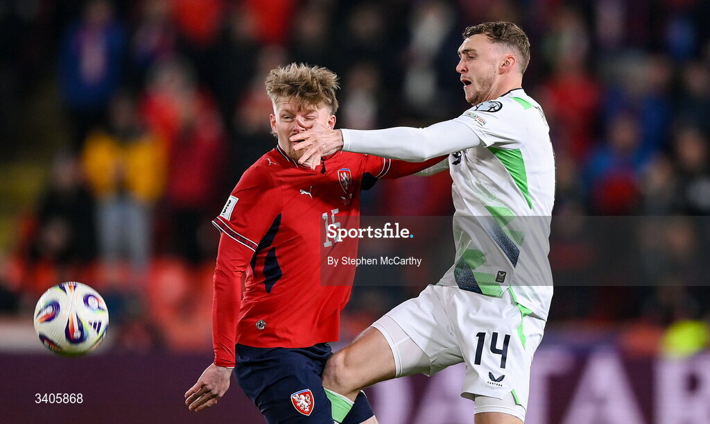 26 March 2026; Jack Taylor of Republic of Ireland in action against Pavel Šulc of Czechia during the FIFA World Cup 2026 European Qualifiers play-off semi-final match between Czechia and Republic of Ireland at Fortuna Arena in Prague, Czechia. Photo by Stephen McCarthy/Sportsfile