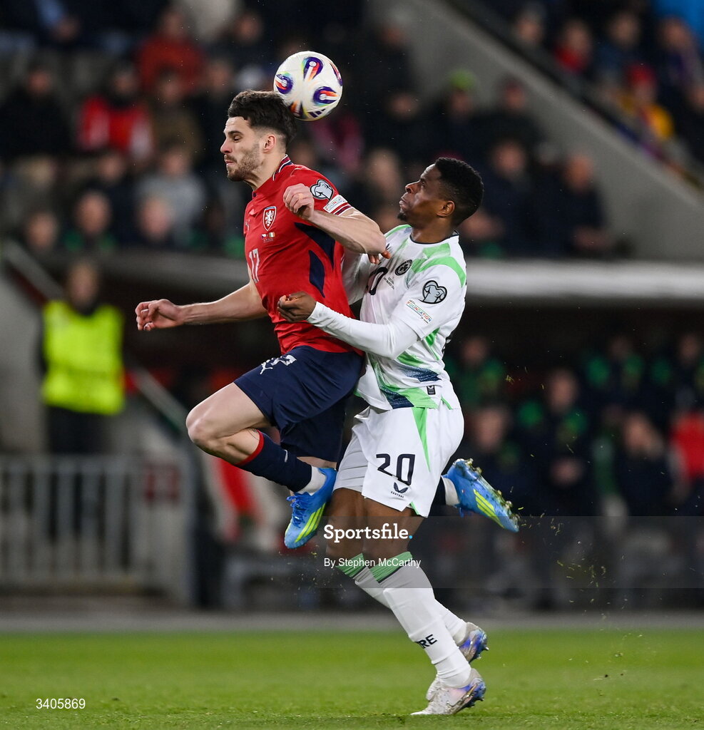 26 March 2026; Chiedozie Ogbene of Republic of Ireland in action against David Jurásek of Czechia during the FIFA World Cup 2026 European Qualifiers play-off semi-final match between Czechia and Republic of Ireland at Fortuna Arena in Prague, Czechia. Photo by Stephen McCarthy/Sportsfile