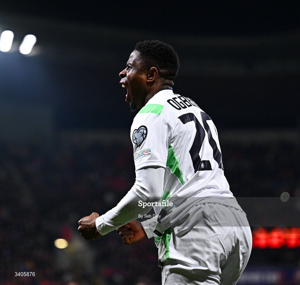 26 March 2026; Chiedozie Ogbene of Republic of Ireland before the FIFA World Cup 2026 European Qualifiers play-off semi-final match between Czechia and Republic of Ireland at Fortuna Arena in Prague, Czechia. Photo by Seb Daly/Sportsfile