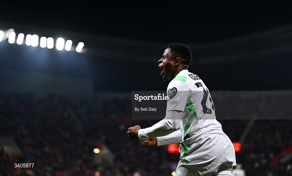 26 March 2026; Chiedozie Ogbene of Republic of Ireland before the FIFA World Cup 2026 European Qualifiers play-off semi-final match between Czechia and Republic of Ireland at Fortuna Arena in Prague, Czechia. Photo by Seb Daly/Sportsfile