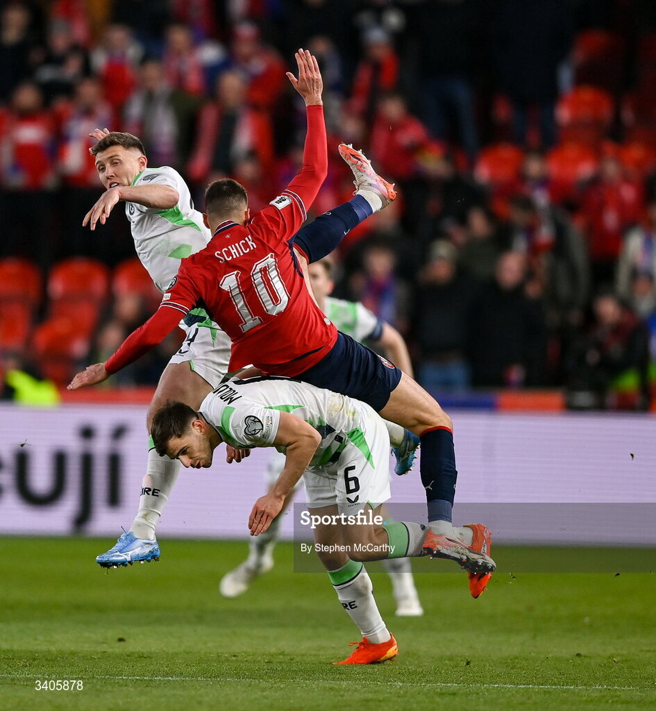 26 March 2026; Dara O'Shea, left, and Jayson Molumby of Republic of Ireland in action against Patrik Schick of Czechia during the FIFA World Cup 2026 European Qualifiers play-off semi-final match between Czechia and Republic of Ireland at Fortuna Arena in Prague, Czechia. Photo by Stephen McCarthy/Sportsfile