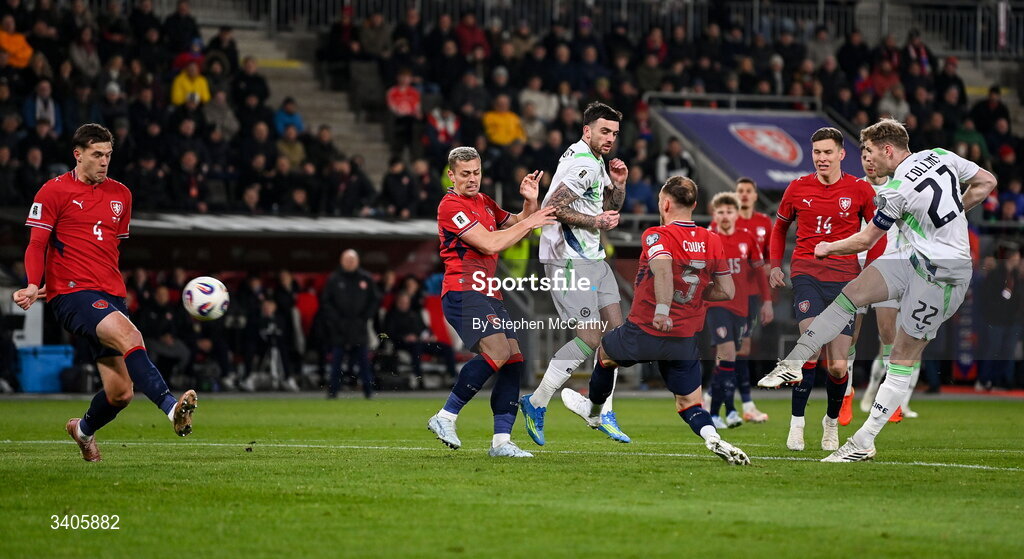 26 March 2026; Nathan Collins of Republic of Ireland shoots on goal during the FIFA World Cup 2026 European Qualifiers play-off semi-final match between Czechia and Republic of Ireland at Fortuna Arena in Prague, Czechia. Photo by Stephen McCarthy/Sportsfile